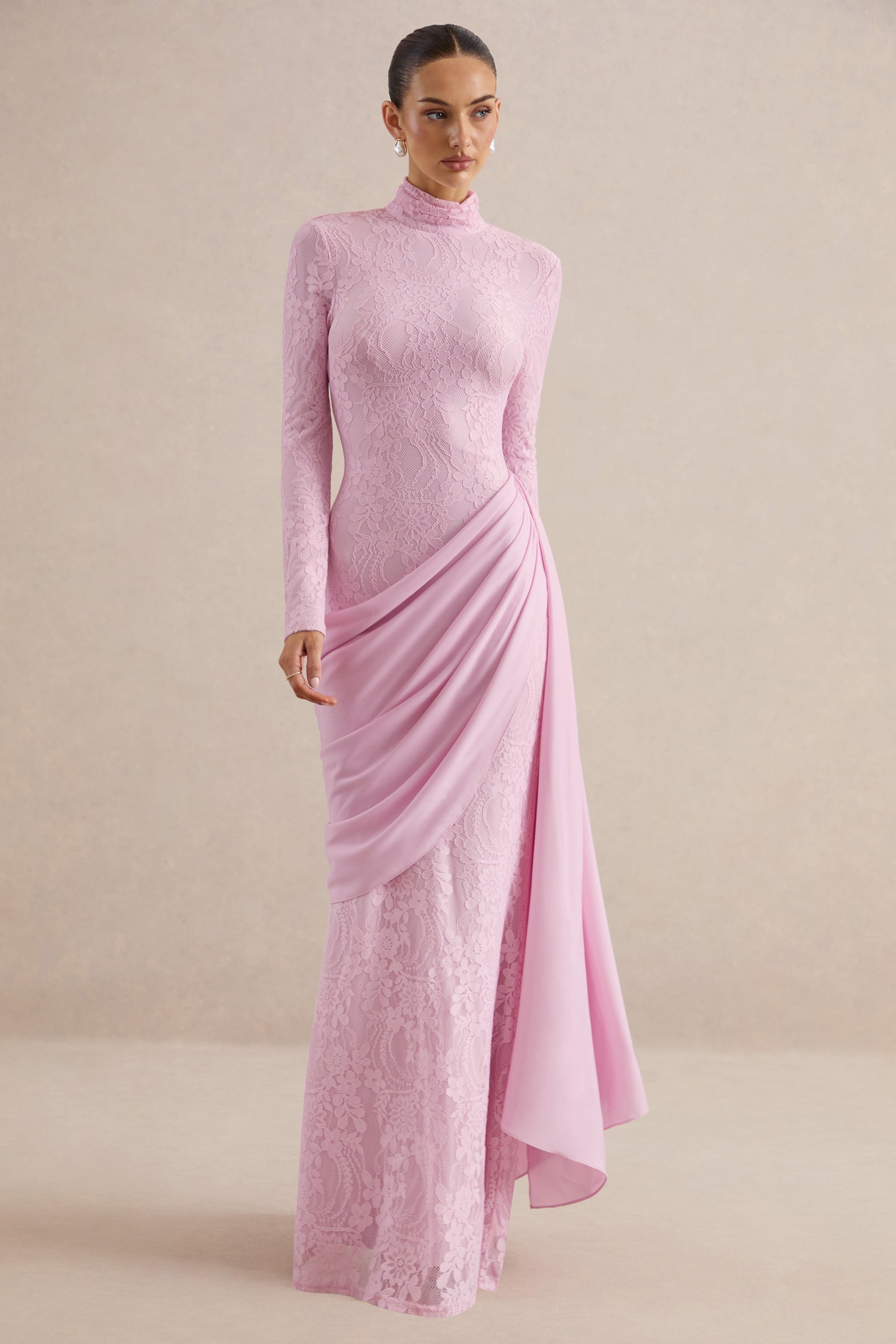 Enestra | Pink High-Neck Lace Maxi-Dress With Draped-Skirt
