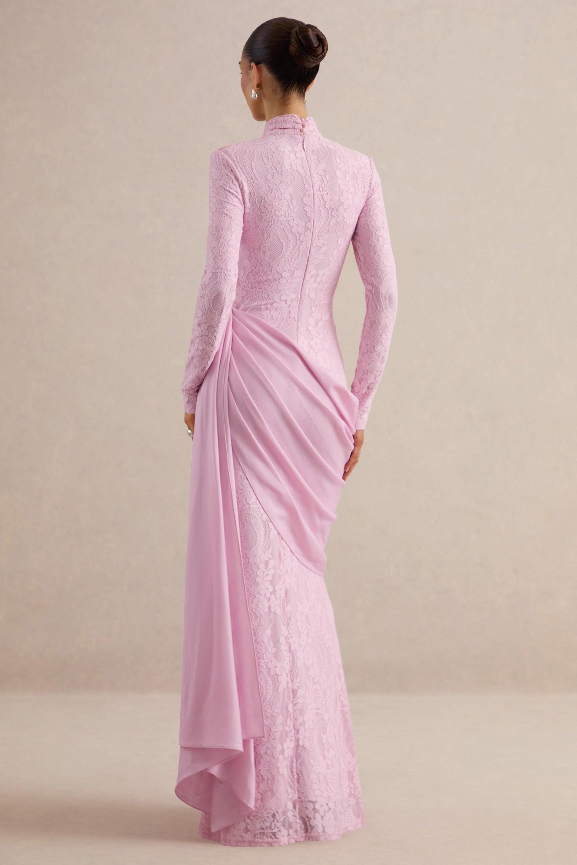 Enestra | Pink High-Neck Lace Maxi-Dress With Draped-Skirt