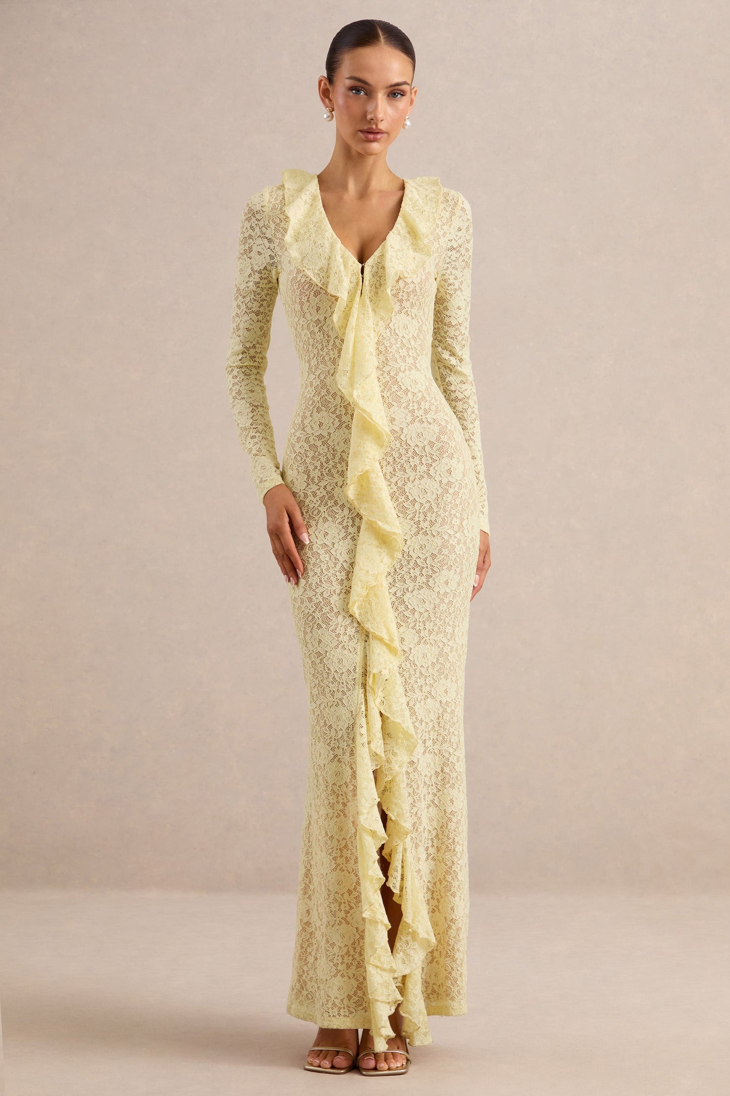 Exelia | Lemon Lace Plunge-Neck Maxi Dress With Long-Sleeves