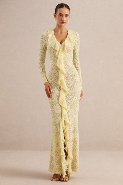 Exelia | Lemon Lace Plunge-Neck Maxi Dress With Long-Sleeves