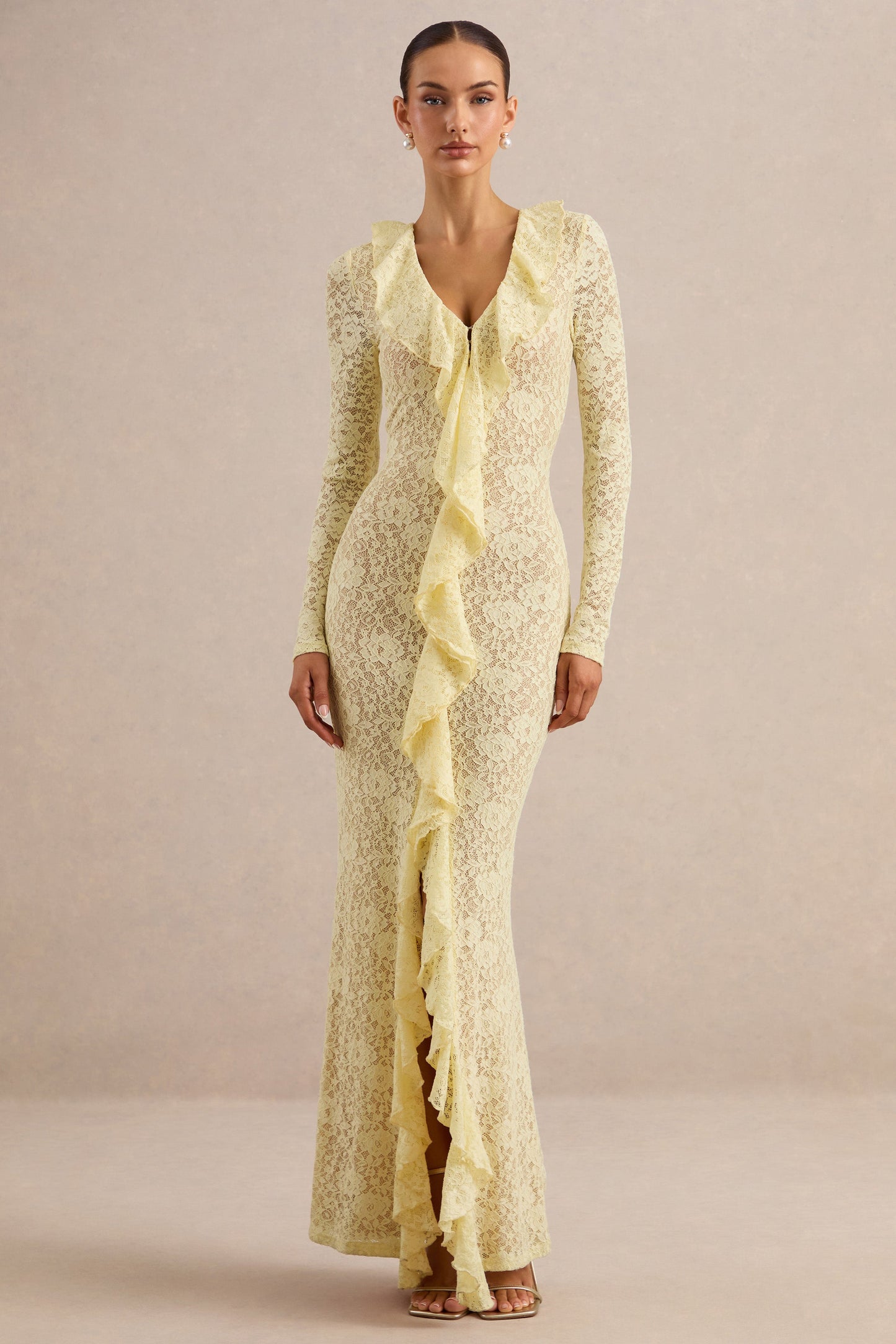 Exelia | Lemon Lace Plunge-Neck Maxi Dress With Long-Sleeves