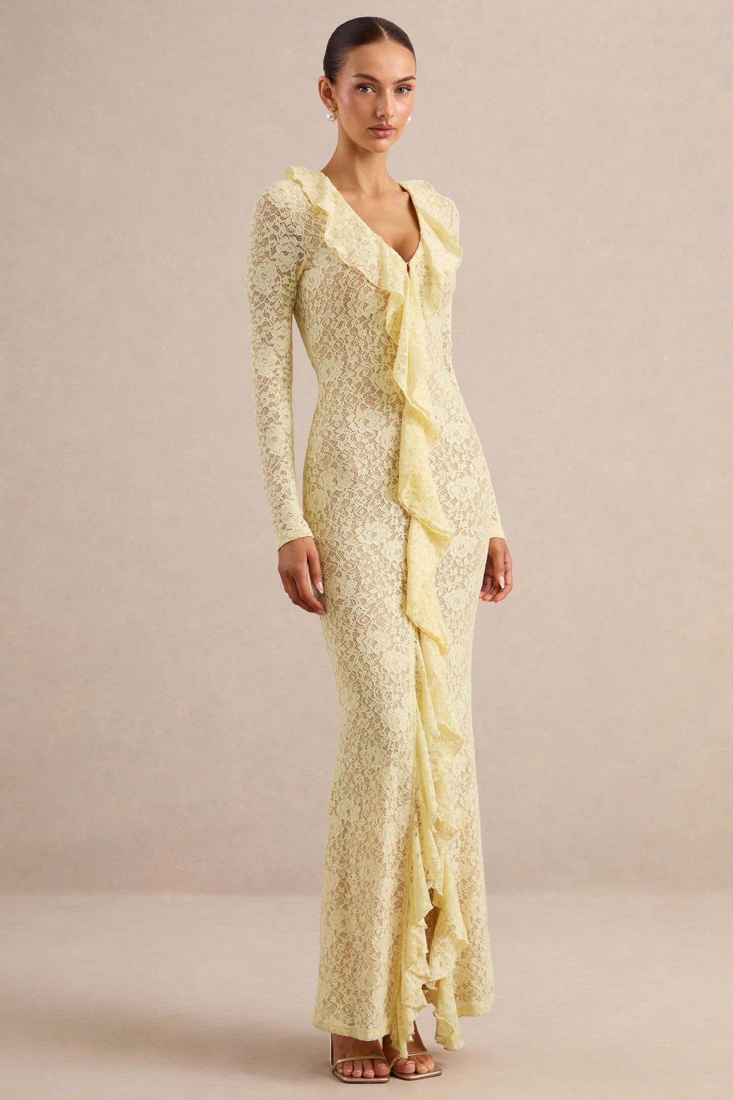 Exelia | Lemon Lace Plunge-Neck Maxi Dress With Long-Sleeves