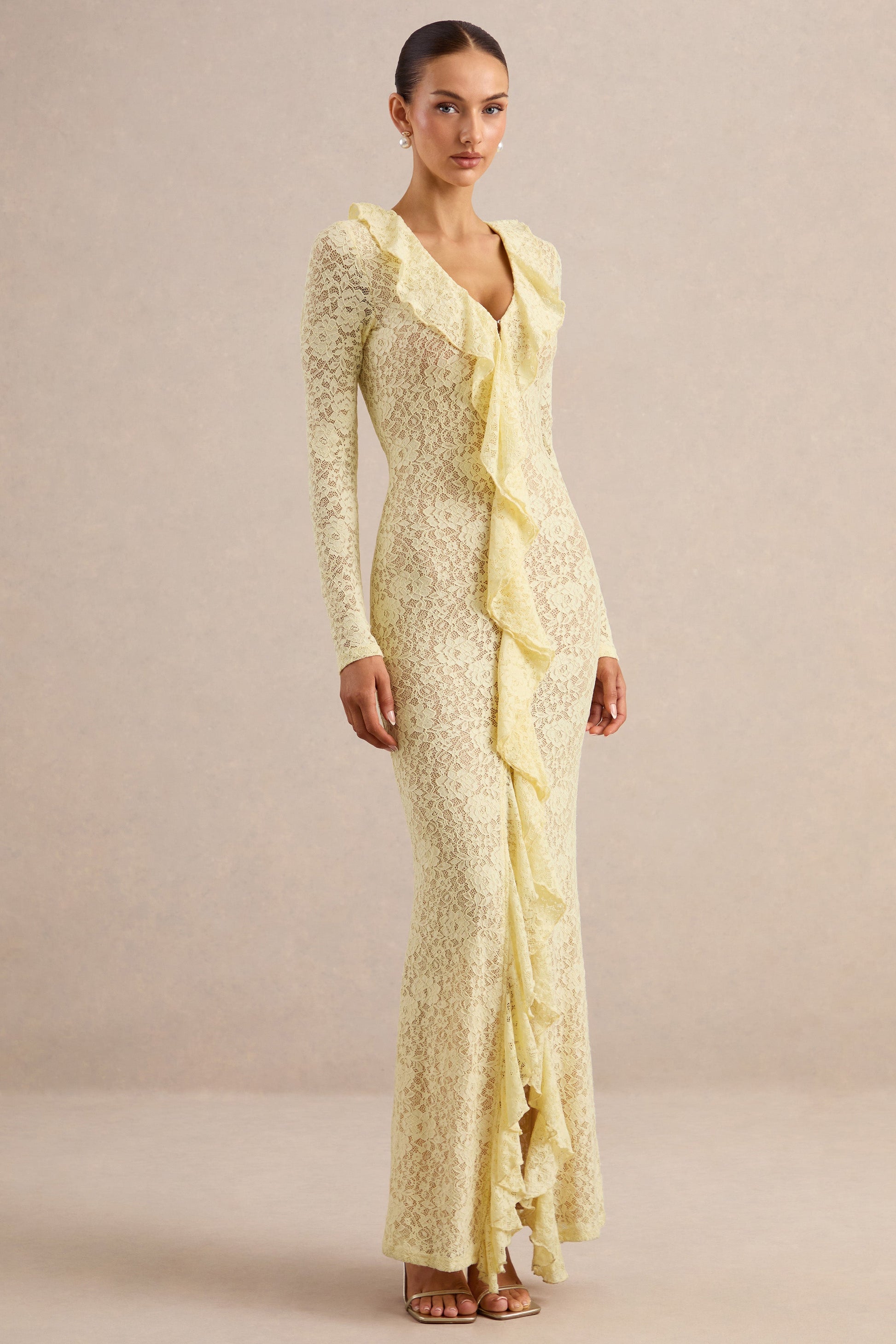Exelia | Lemon Lace Plunge-Neck Maxi Dress With Long-Sleeves