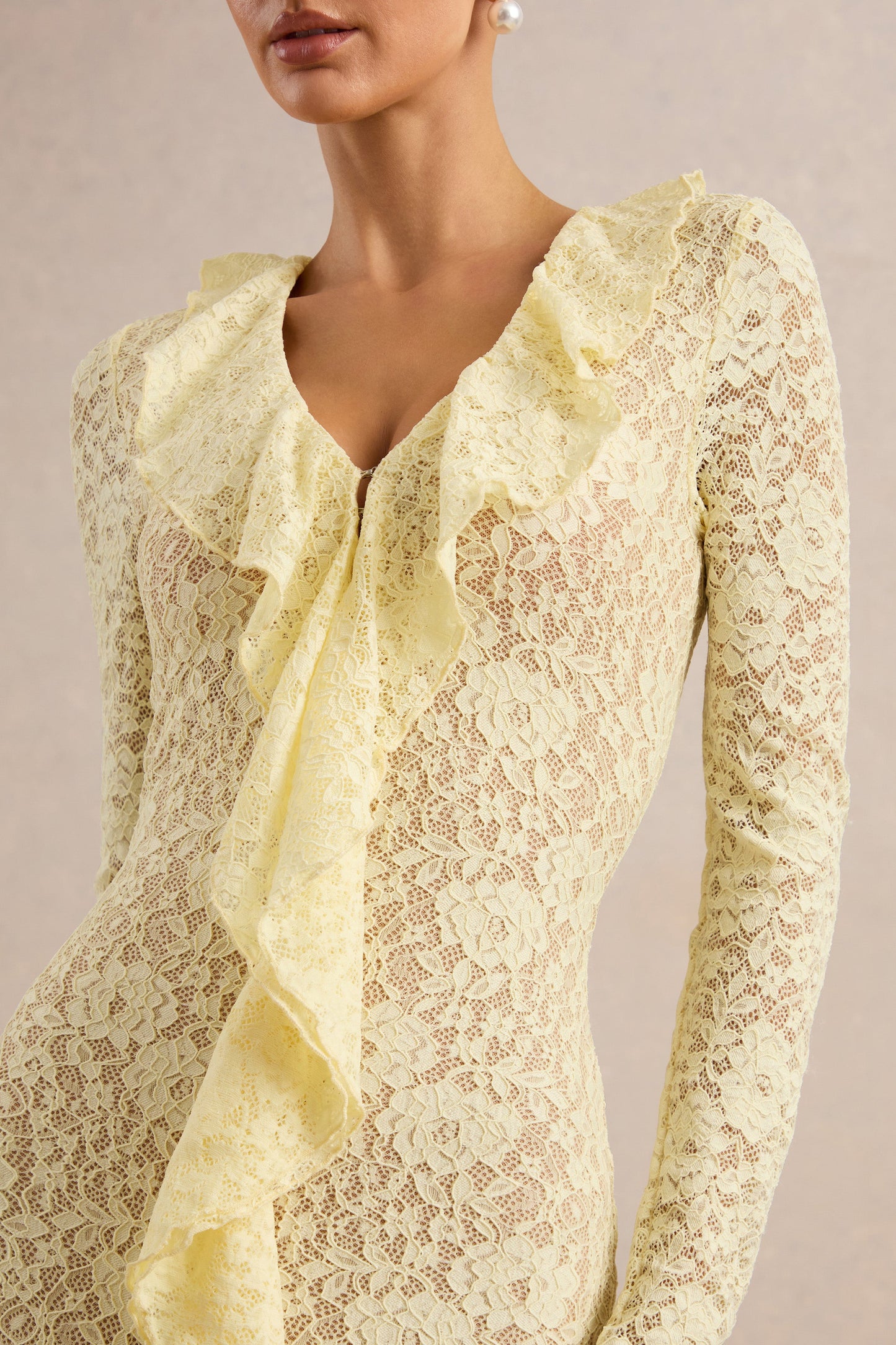 Exelia | Lemon Lace Plunge-Neck Maxi Dress With Long-Sleeves