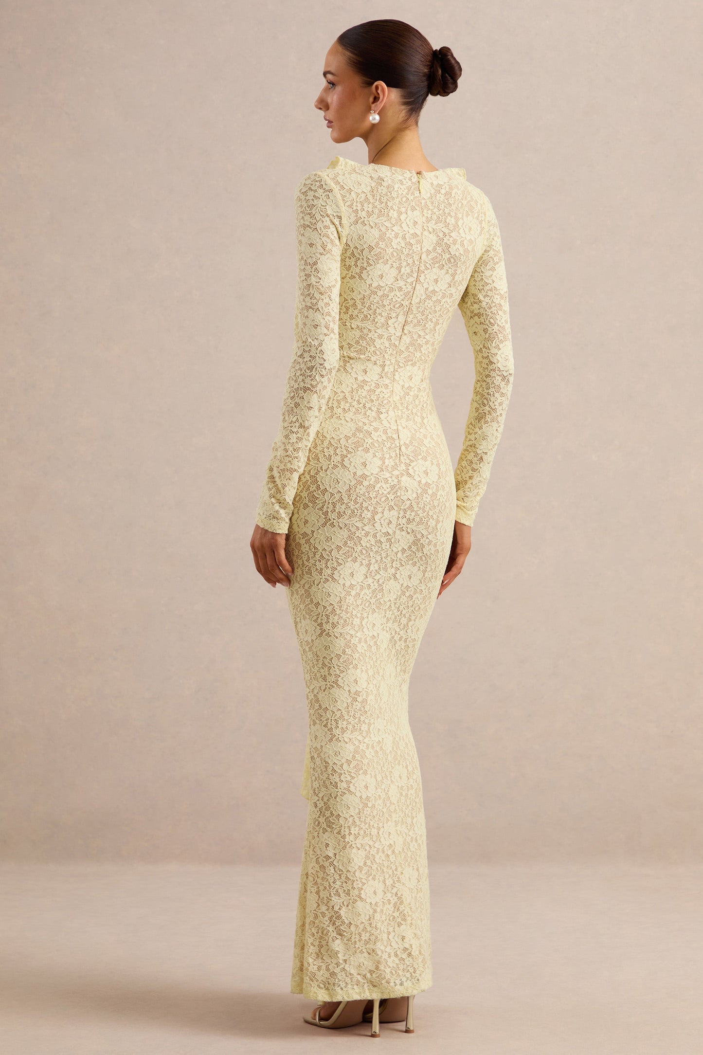 Exelia | Lemon Lace Plunge-Neck Maxi Dress With Long-Sleeves