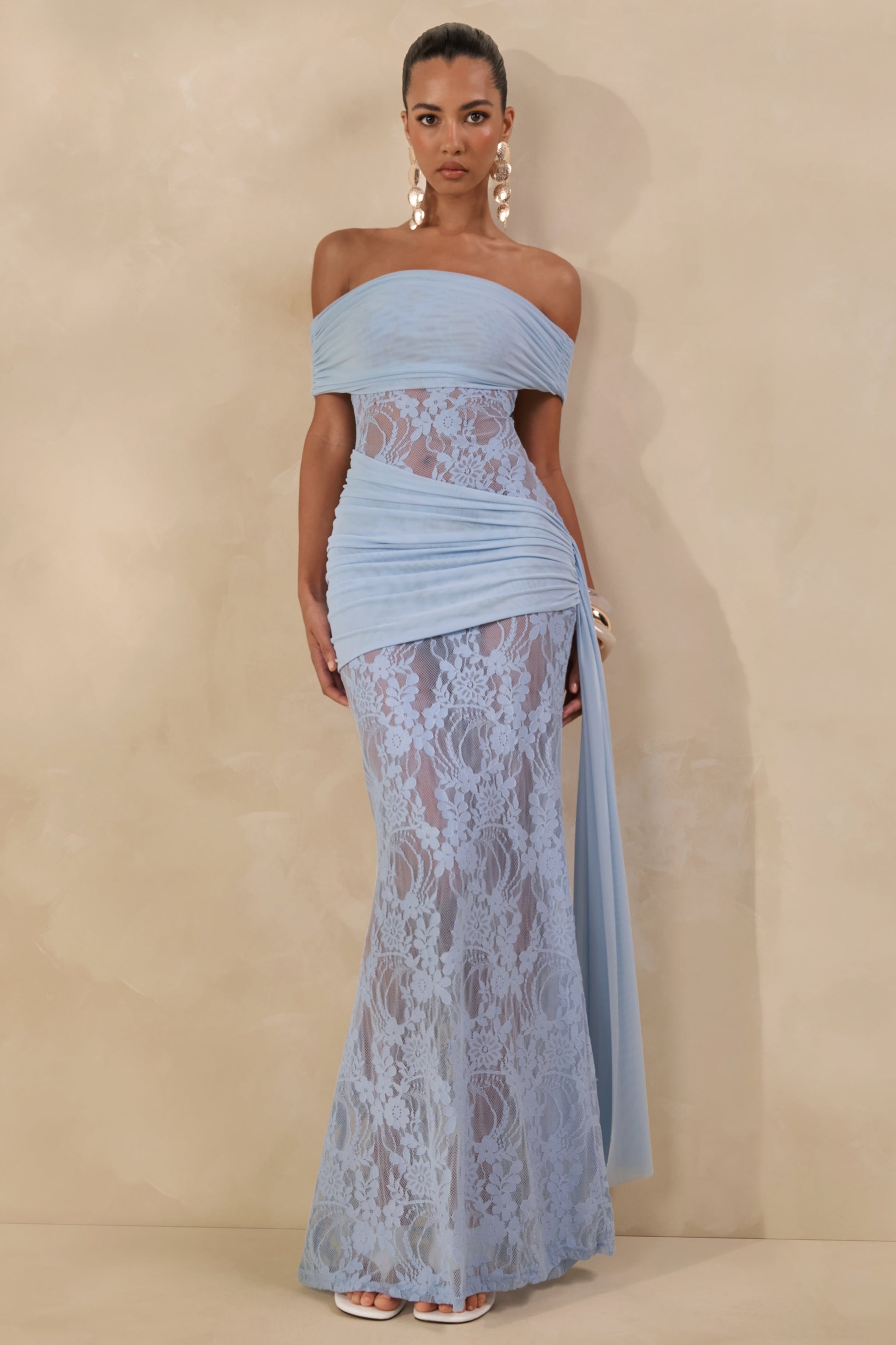 Enavine | Powder Blue Lace Bardot-Neck Maxi Dress With Gathered-Detailing And Sash