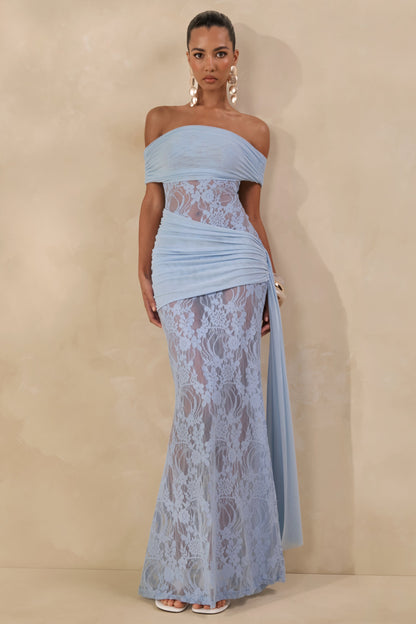 Enavine | Powder Blue Lace Bardot-Neck Maxi Dress With Gathered-Detailing And Sash