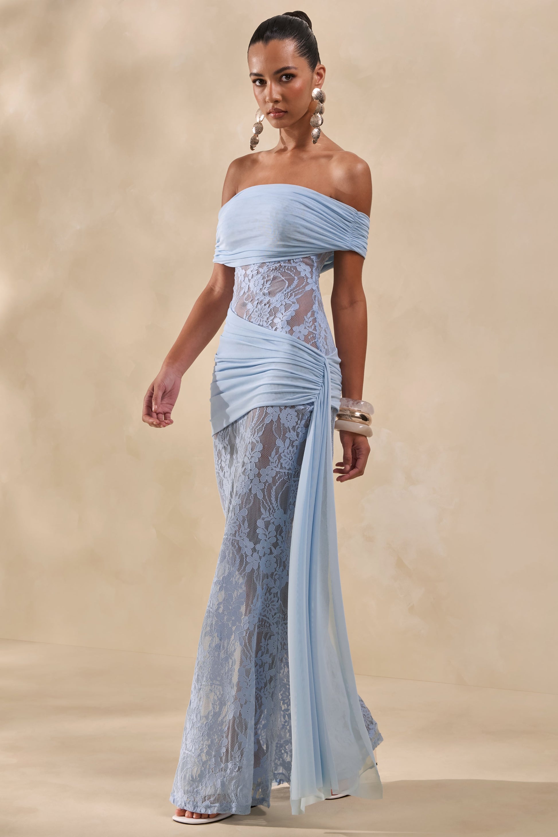 Enavine | Powder Blue Lace Bardot-Neck Maxi Dress With Gathered-Detailing And Sash