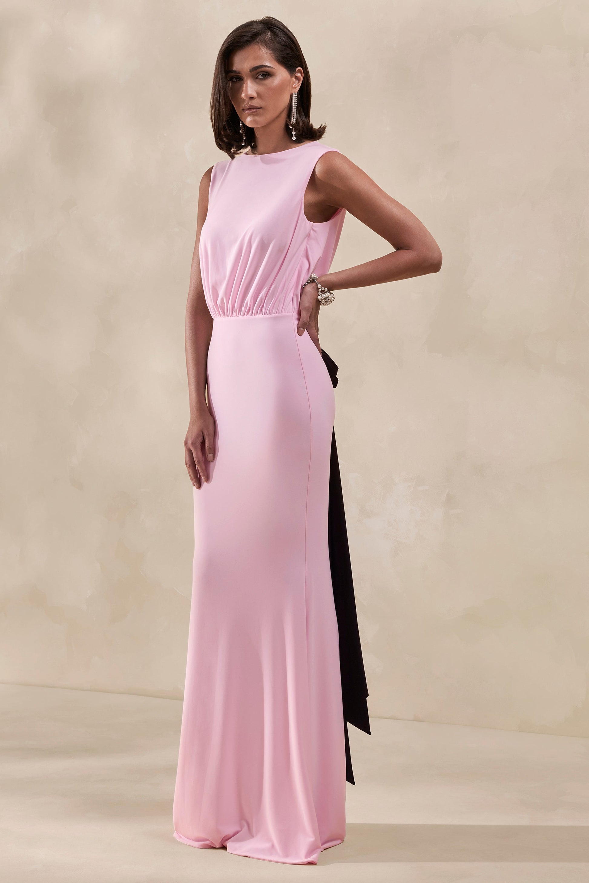 Elladine | Pink Round-Neck Maxi Dress With Lace-Back And Bow-Detail