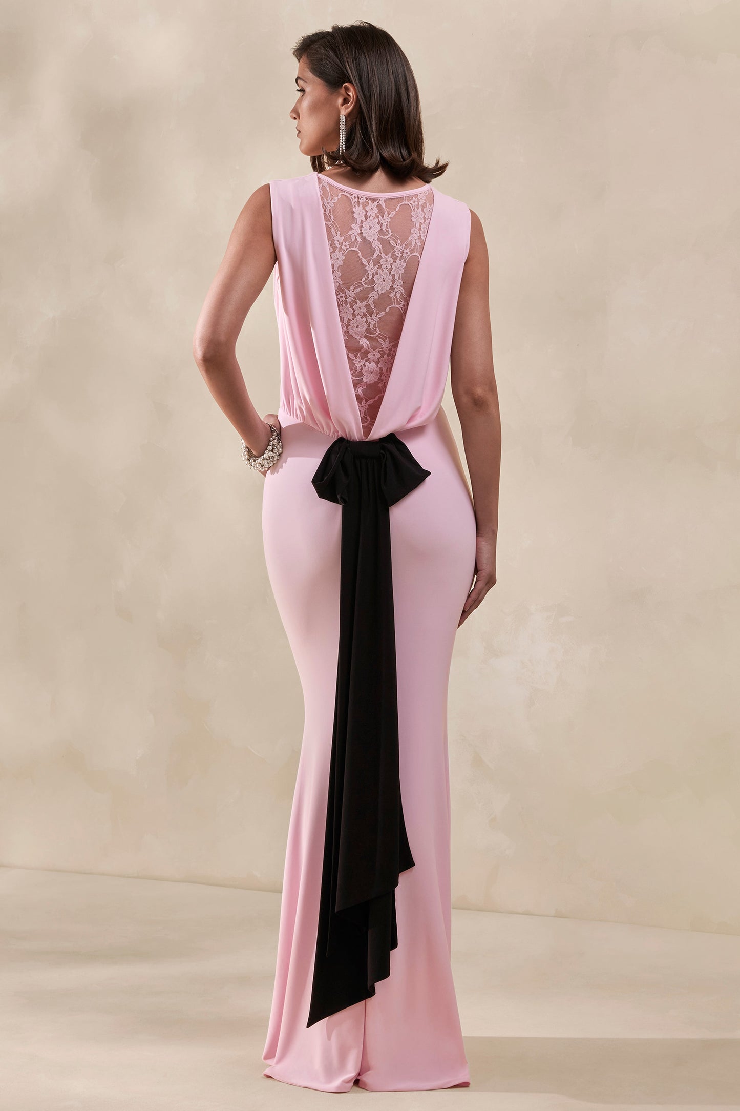 Elladine | Pink Round-Neck Maxi Dress With Lace-Back And Bow-Detail