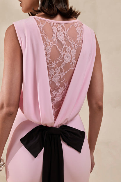 Elladine | Pink Round-Neck Maxi Dress With Lace-Back And Bow-Detail