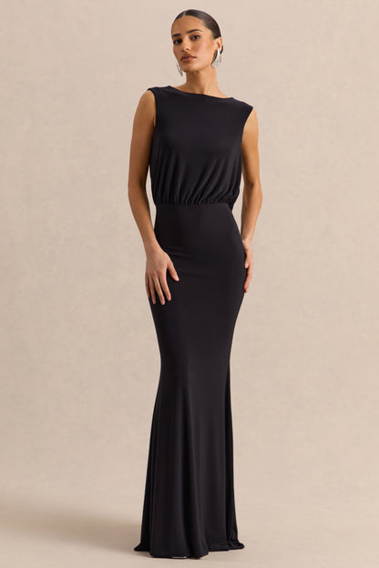Elicette | Black Round-Neck Maxi Dress With Open-Back And Bow-Detail