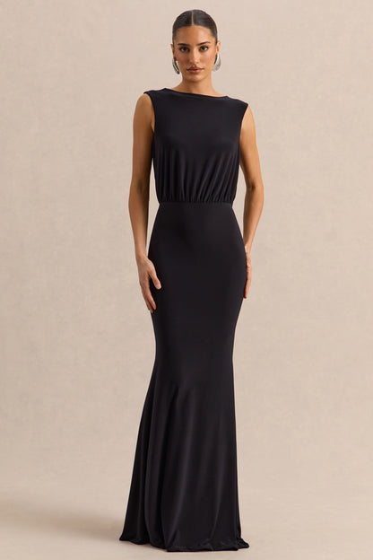 Elicette | Black Round-Neck Maxi Dress With Open-Back And Bow-Detail