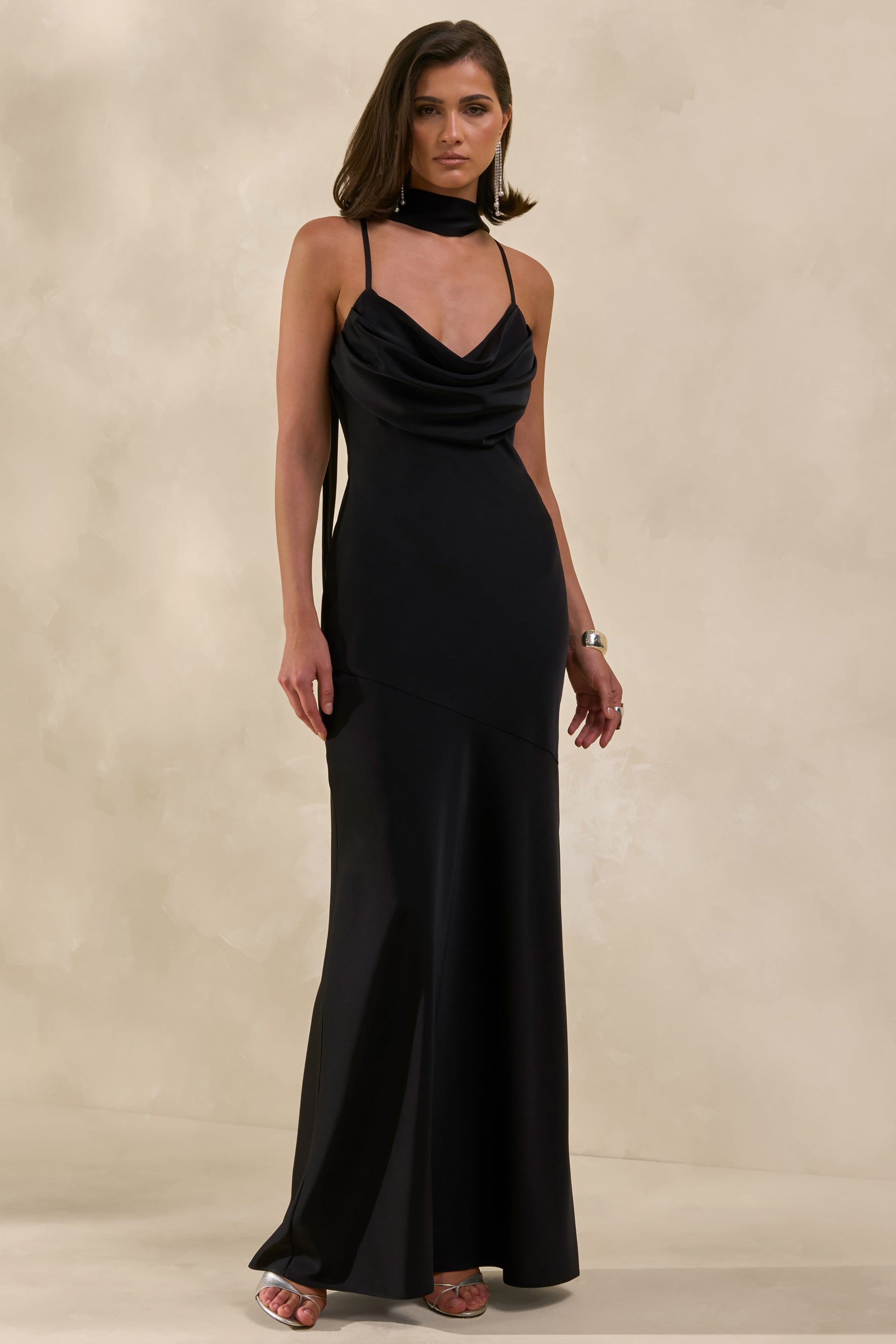 Anarelle | Black Satin Cowl-Neck Maxi Dress