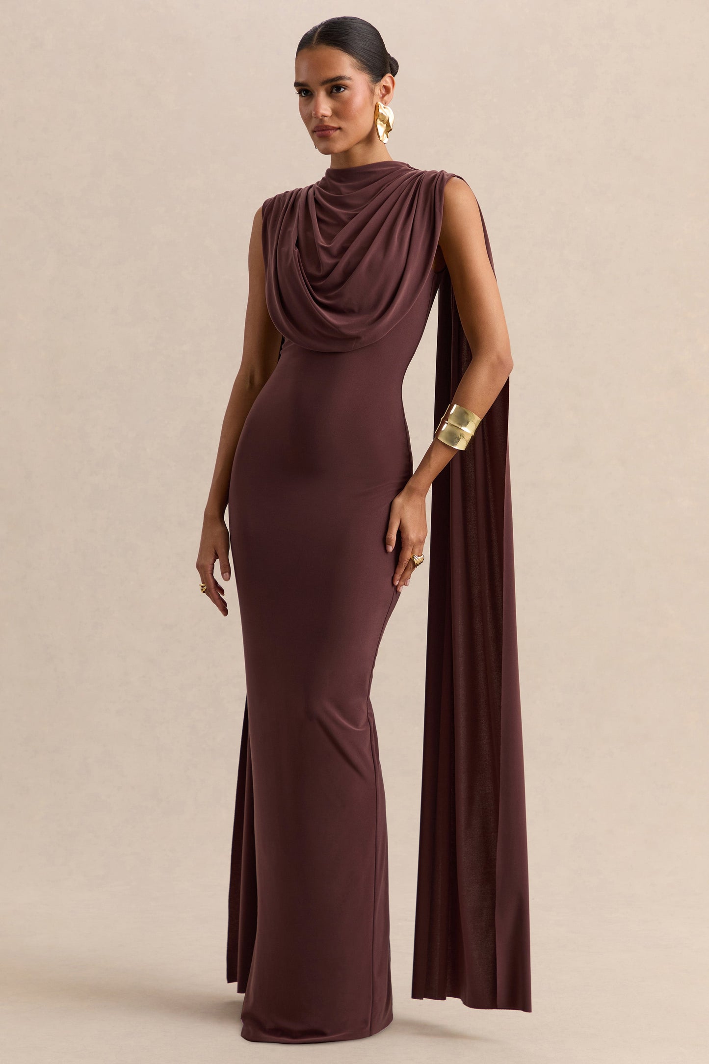 Patrina | Brown High-Neck Maxi Dress With Draped-Detailing And Cape-Sleeves