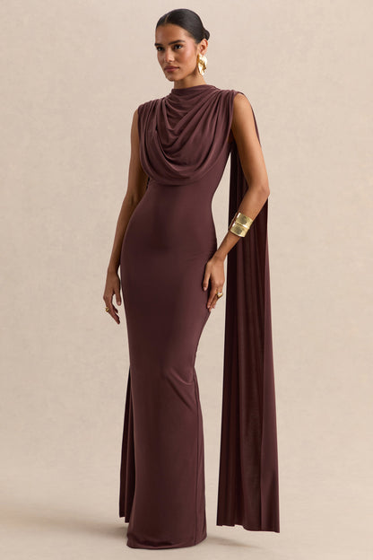 Patrina | Brown High-Neck Maxi Dress With Draped-Detailing And Cape-Sleeves