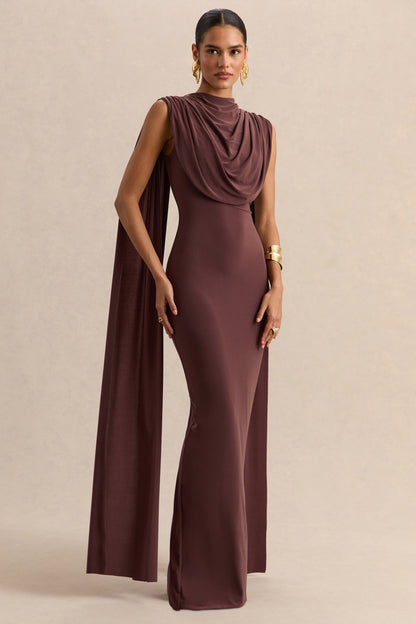 Patrina | Brown High-Neck Maxi Dress With Draped-Detailing And Cape-Sleeves