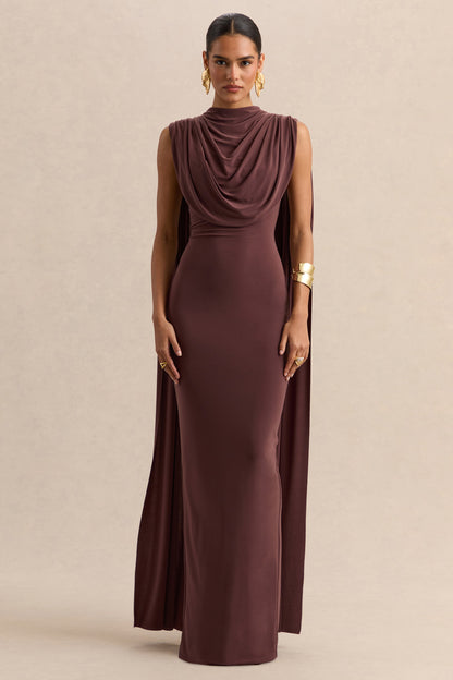 Patrina | Brown High-Neck Maxi Dress With Draped-Detailing And Cape-Sleeves