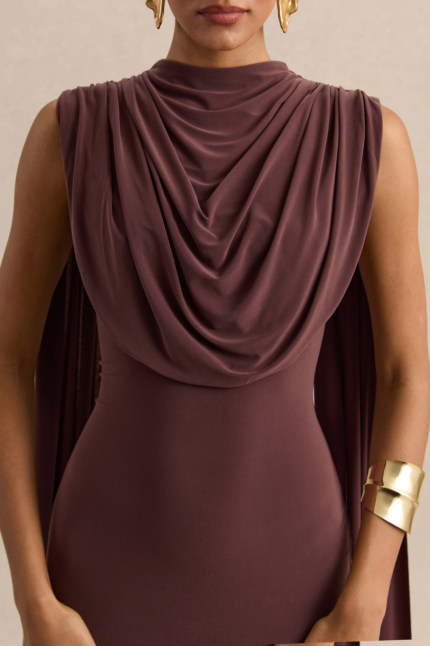 Patrina | Brown High-Neck Maxi Dress With Draped-Detailing And Cape-Sleeves