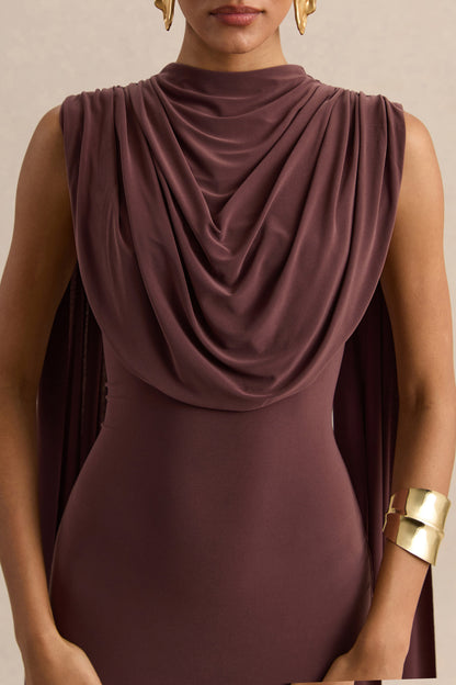 Patrina | Brown High-Neck Maxi Dress With Draped-Detailing And Cape-Sleeves