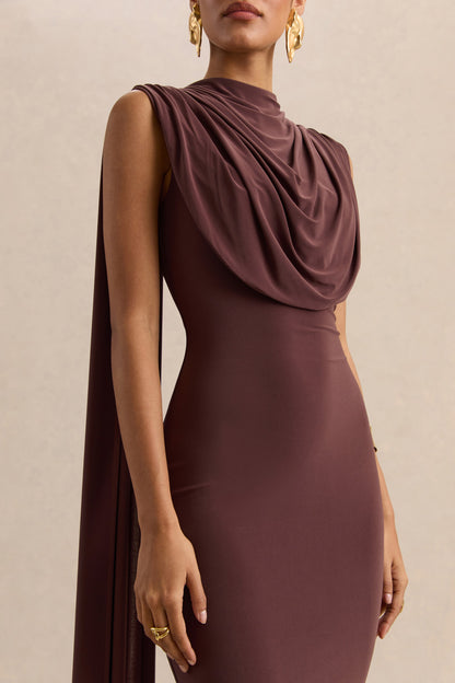 Patrina | Brown High-Neck Maxi Dress With Draped-Detailing And Cape-Sleeves