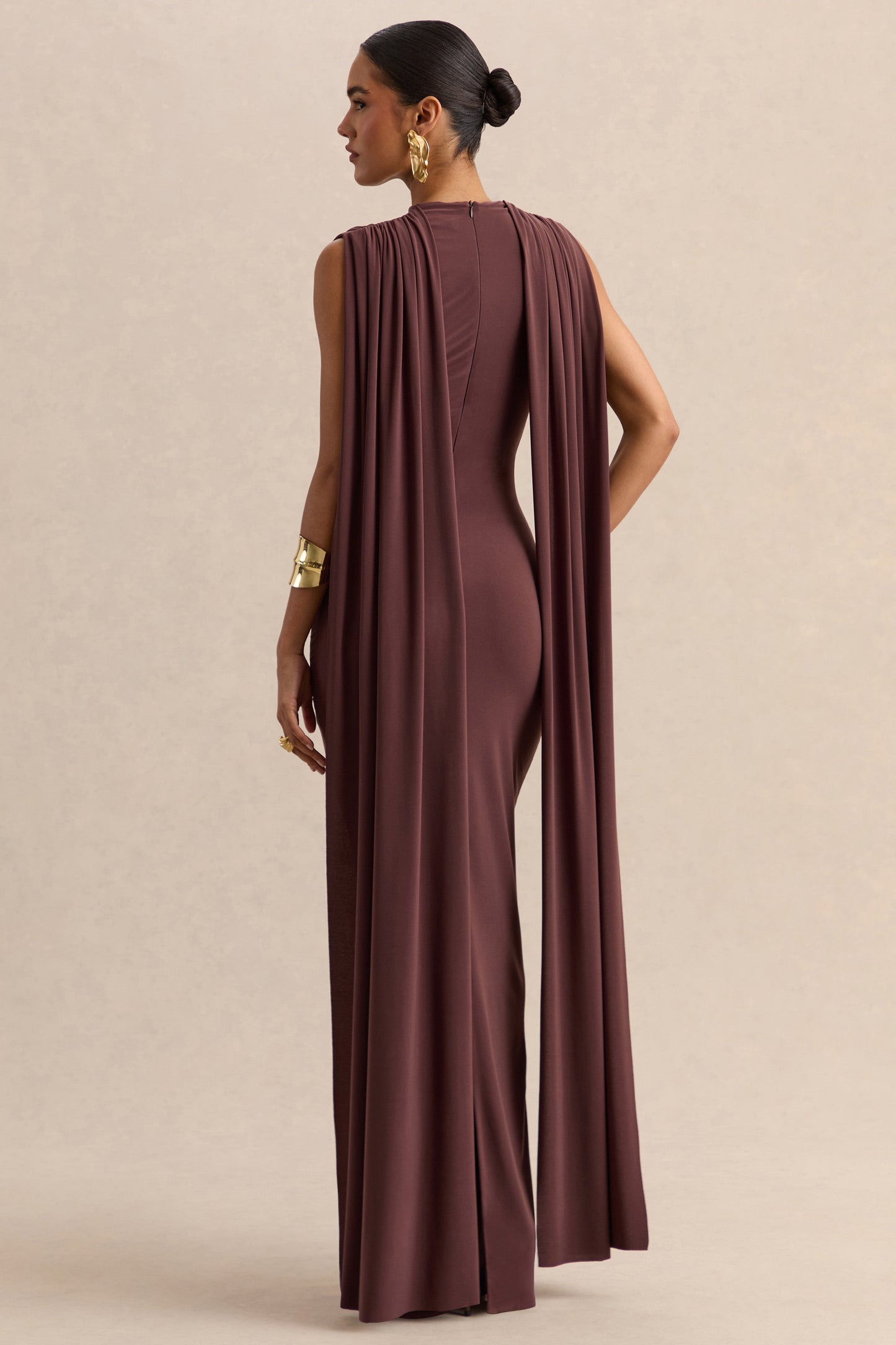 Patrina | Brown High-Neck Maxi Dress With Draped-Detailing And Cape-Sleeves