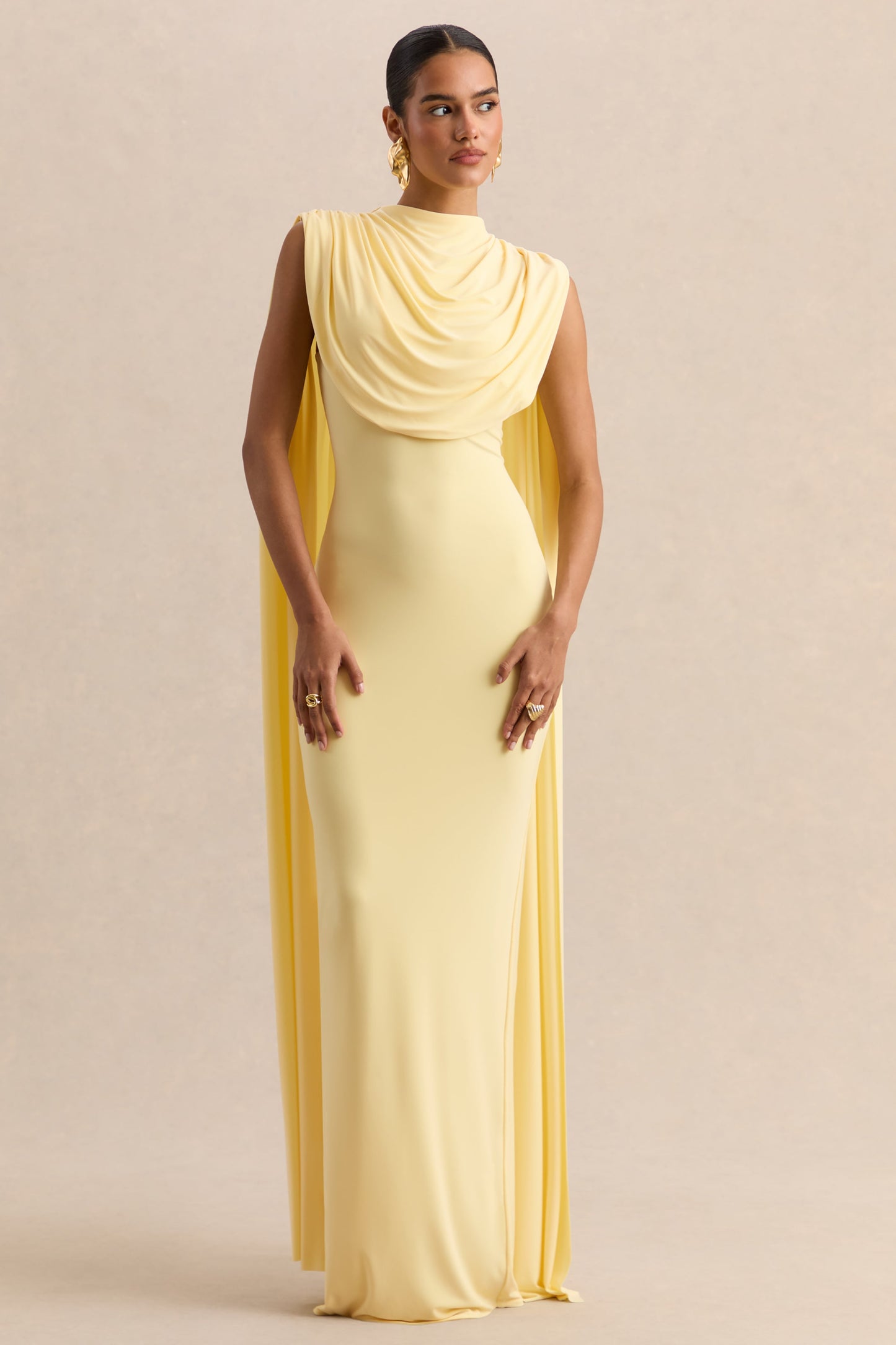 Patrina | Lemon High-Neck Maxi Dress With Draped-Detailing And Cape-Sleeves
