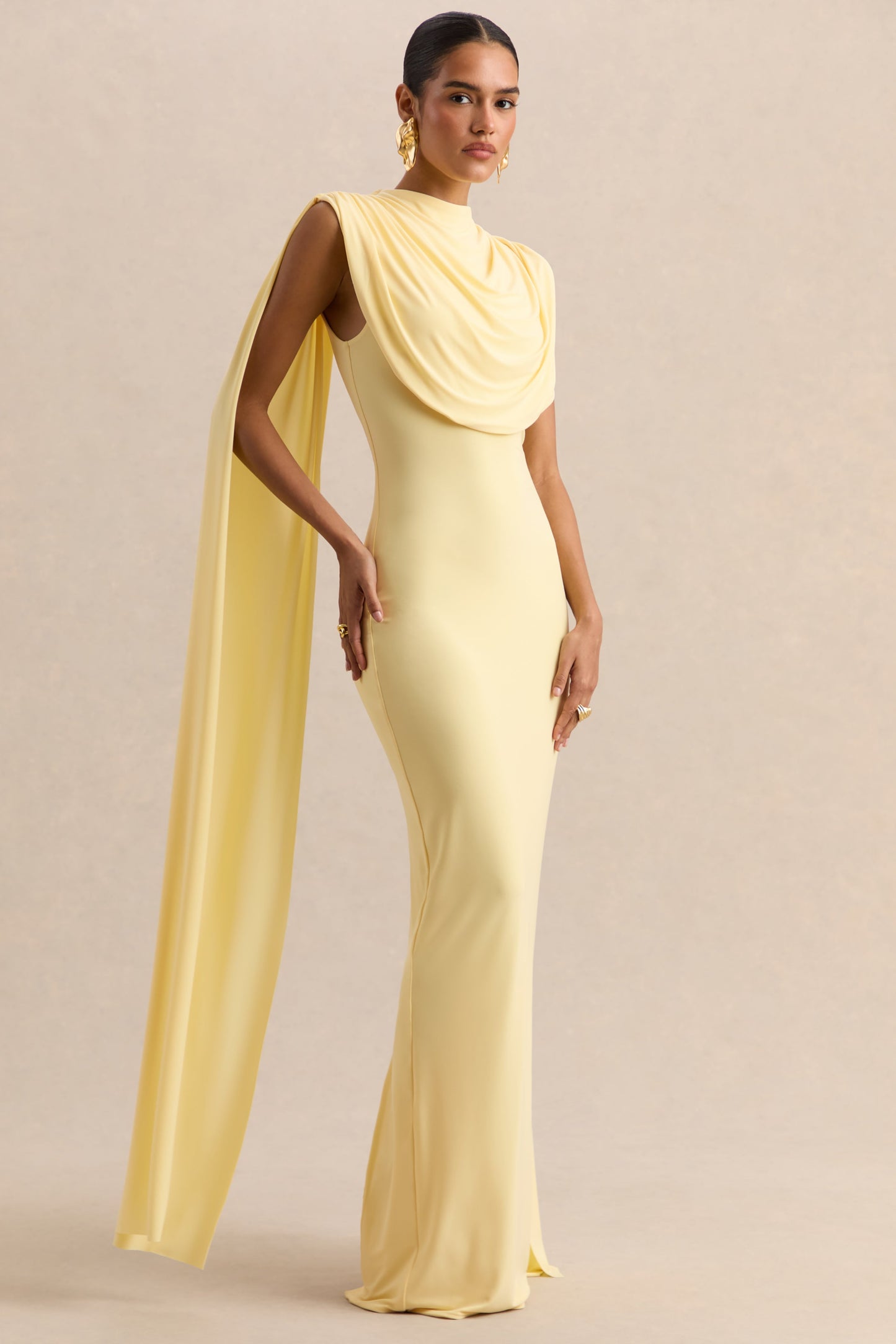 Patrina | Lemon High-Neck Maxi Dress With Draped-Detailing And Cape-Sleeves