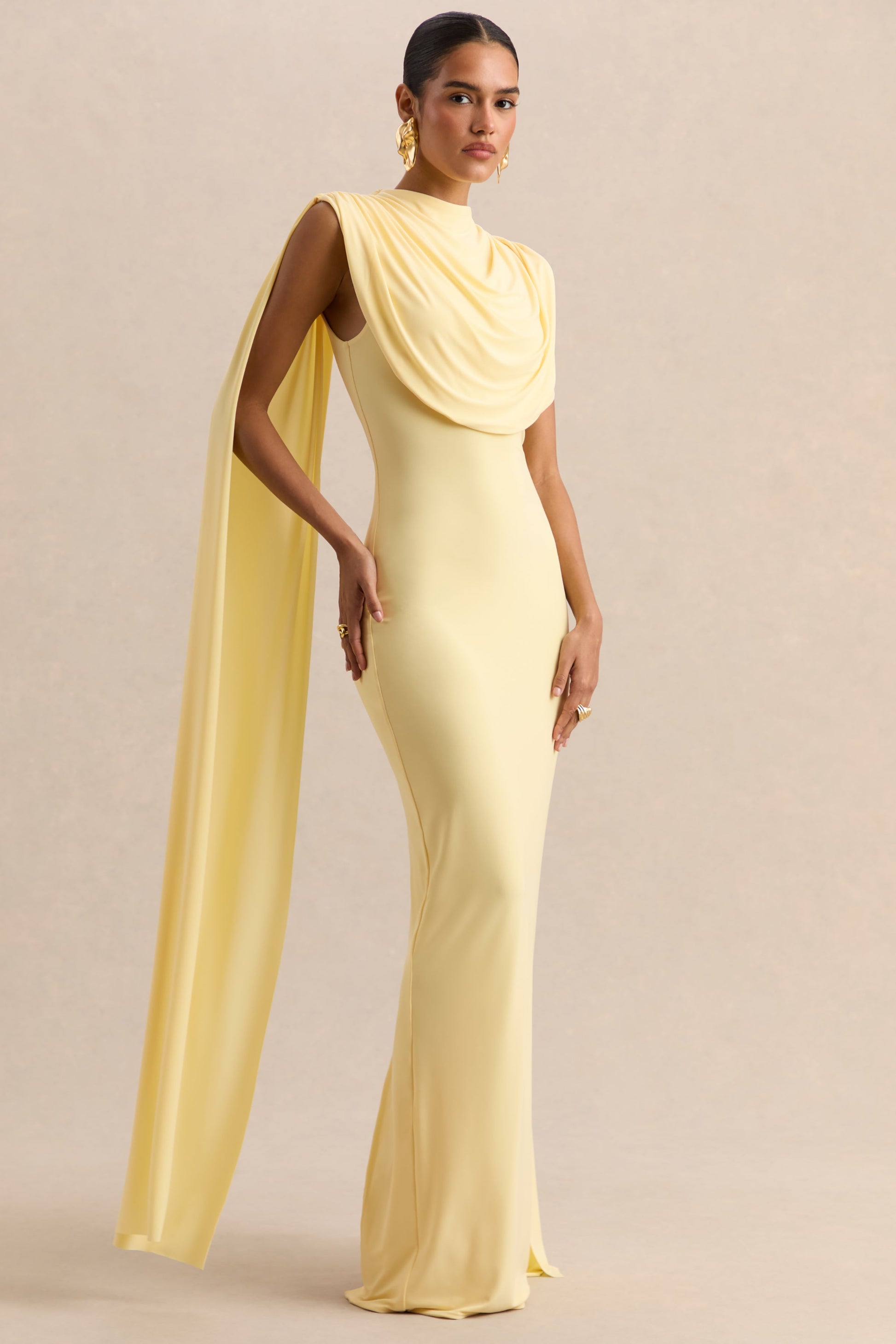 Patrina | Lemon High-Neck Maxi Dress With Draped-Detailing And Cape-Sleeves
