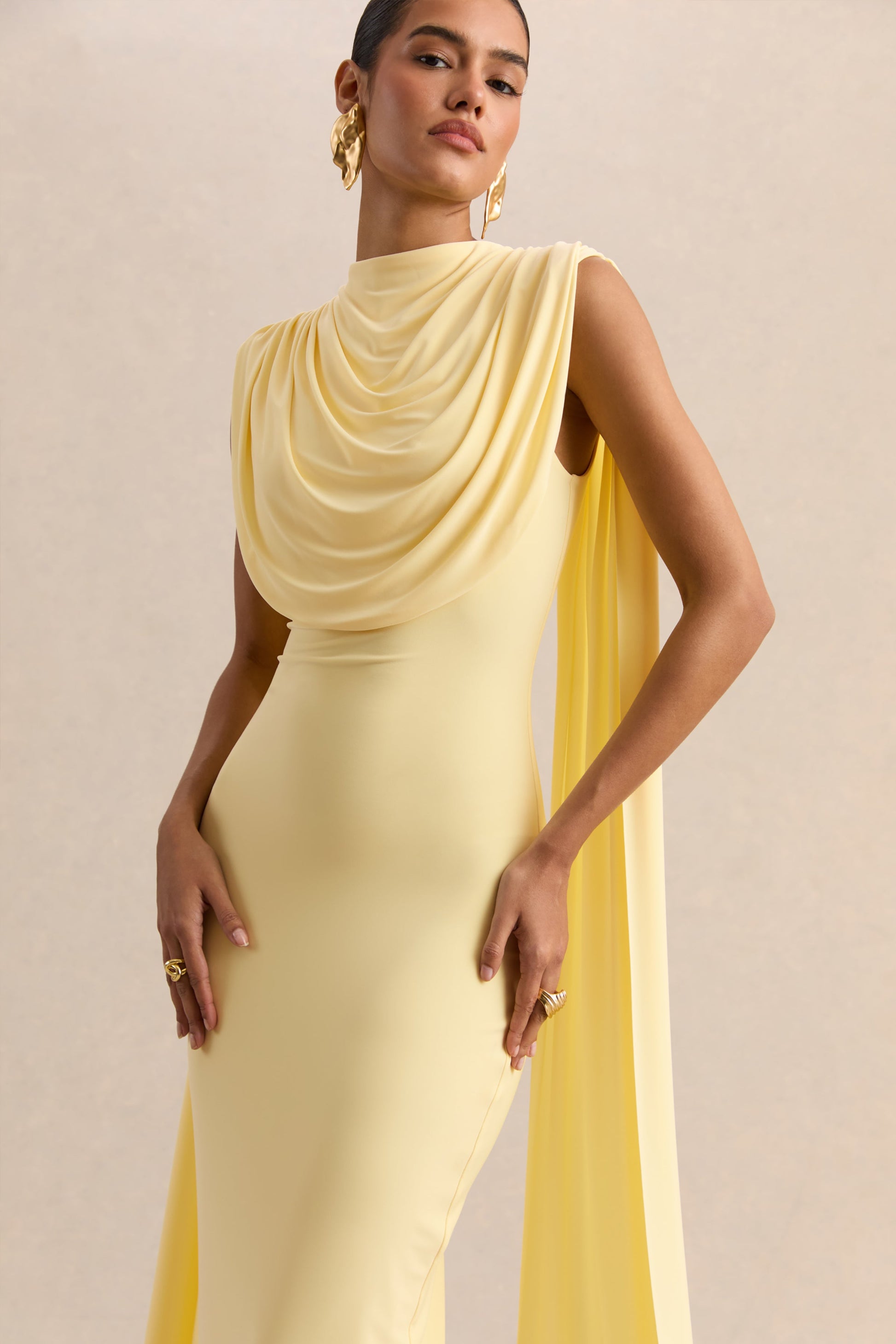 Patrina | Lemon High-Neck Maxi Dress With Draped-Detailing And Cape-Sleeves