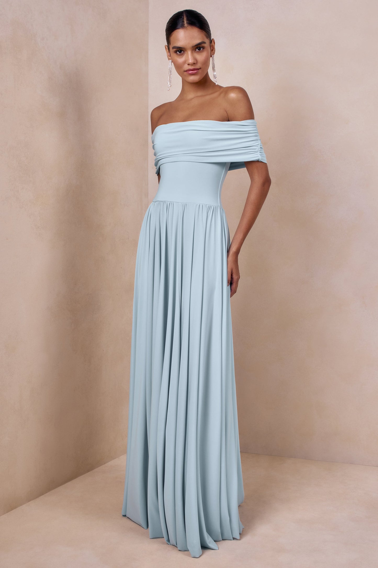 Cindie | Powder Blue Bardot-Neck Maxi Dress