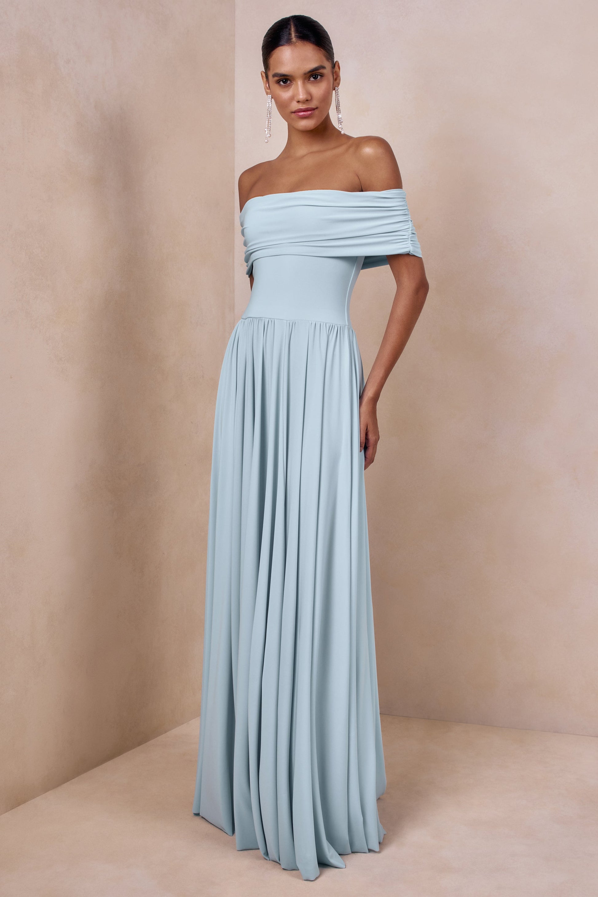 Cindie | Powder Blue Bardot-Neck Maxi Dress