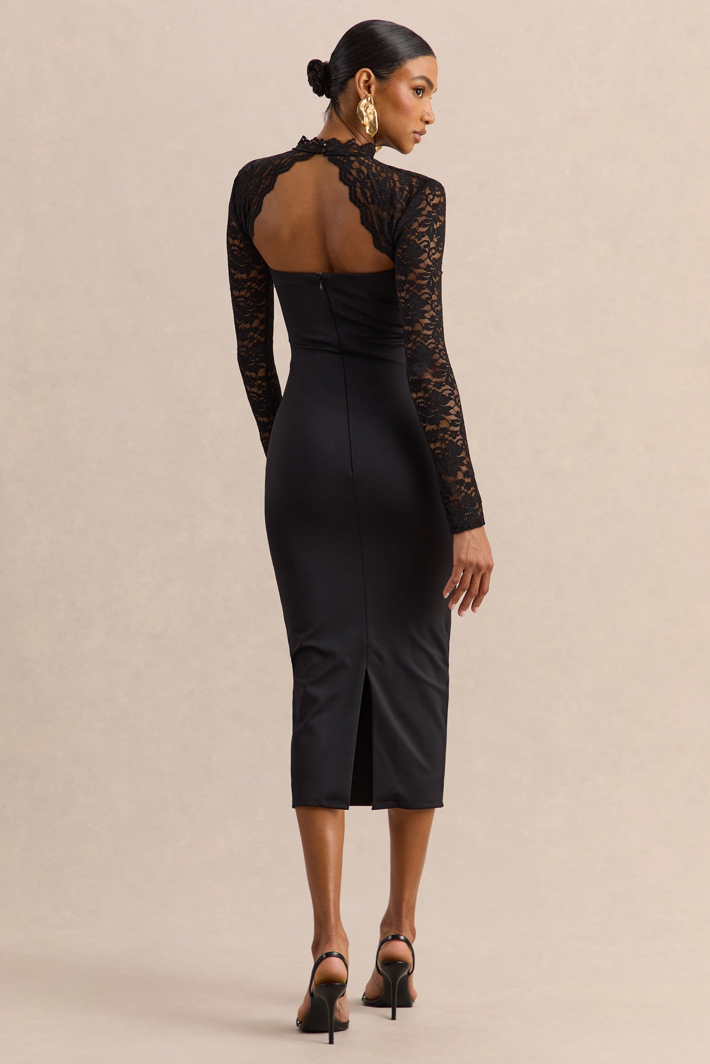 Arlune | Black High-Neck Midi Dress With Long Lace-Sleeves