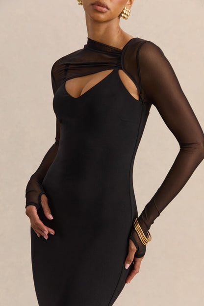 Coralia | Black Asymmetric-Neck Maxi Dress With Mesh Long-Sleeves