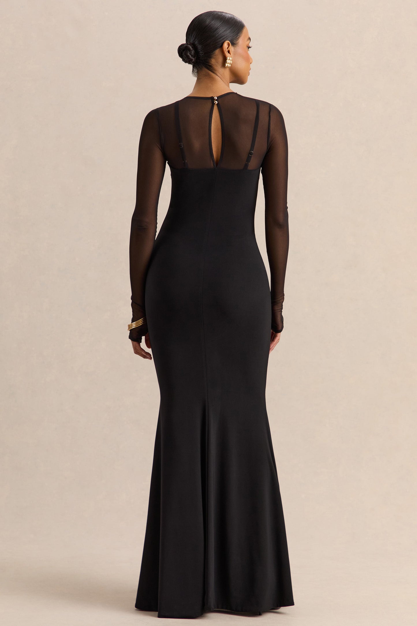 Coralia | Black Asymmetric-Neck Maxi Dress With Mesh Long-Sleeves