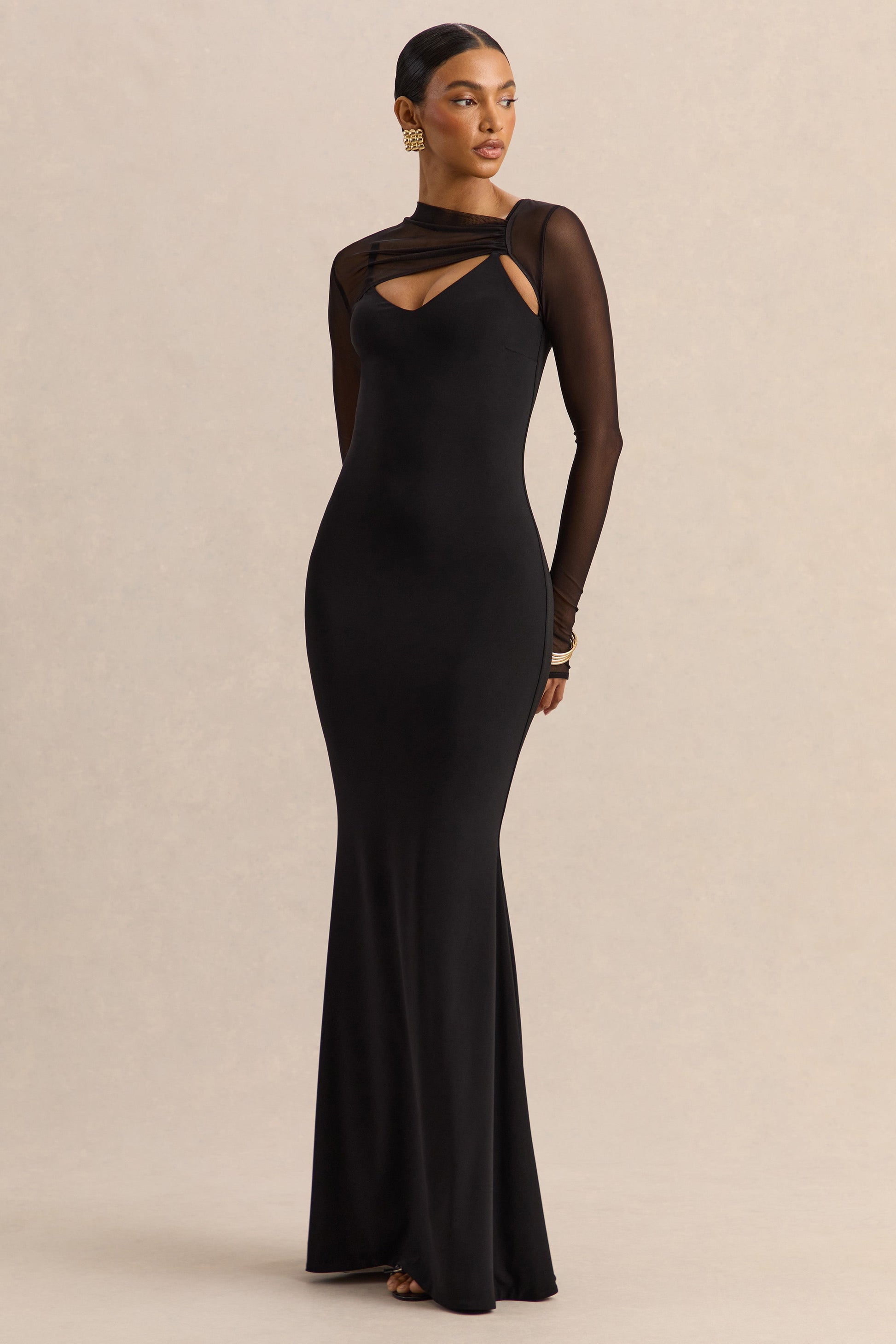 Coralia | Black Asymmetric-Neck Maxi Dress With Mesh Long-Sleeves