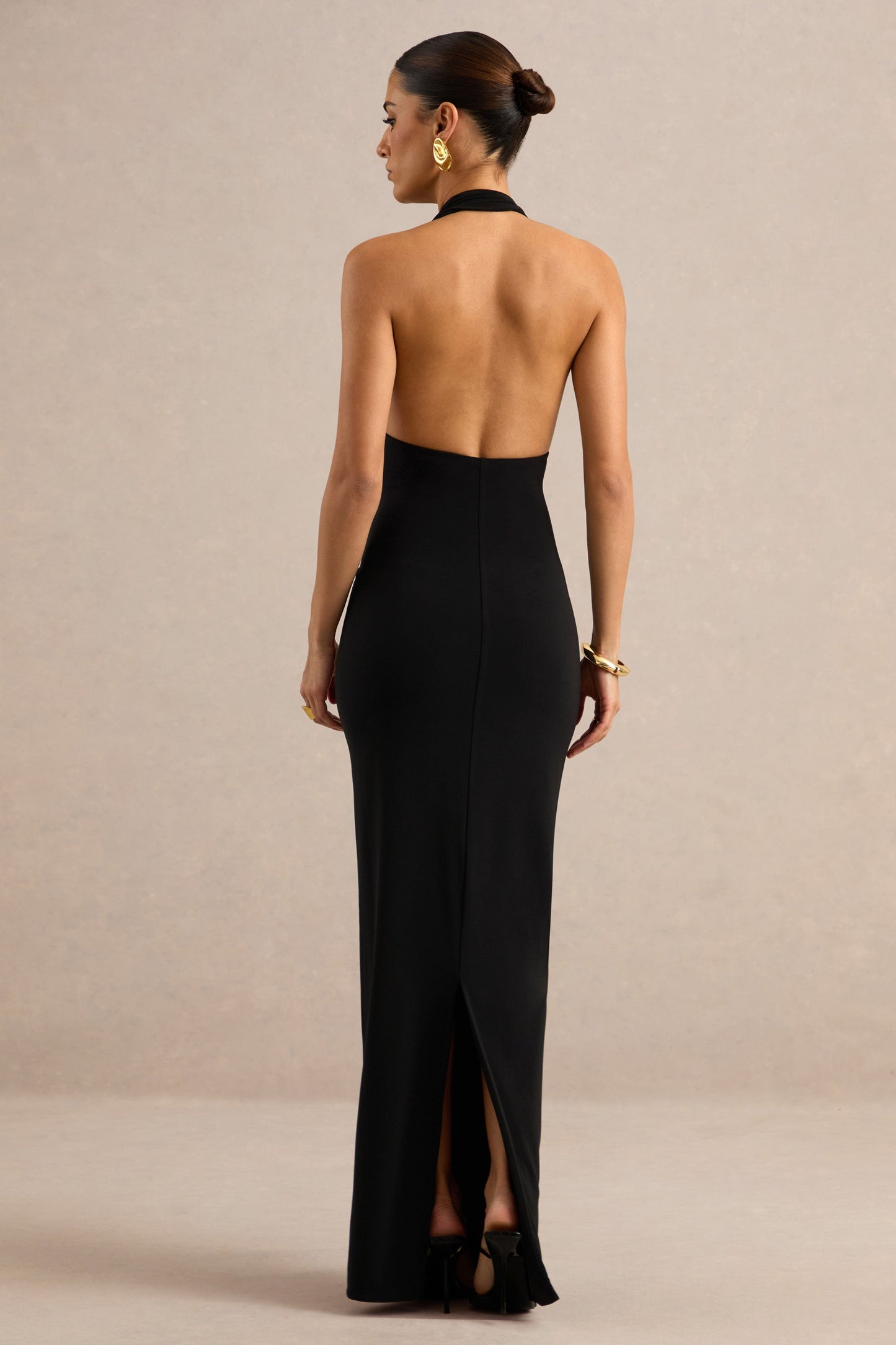 Delisse | Black Asymmetric-Neck Maxi Dress