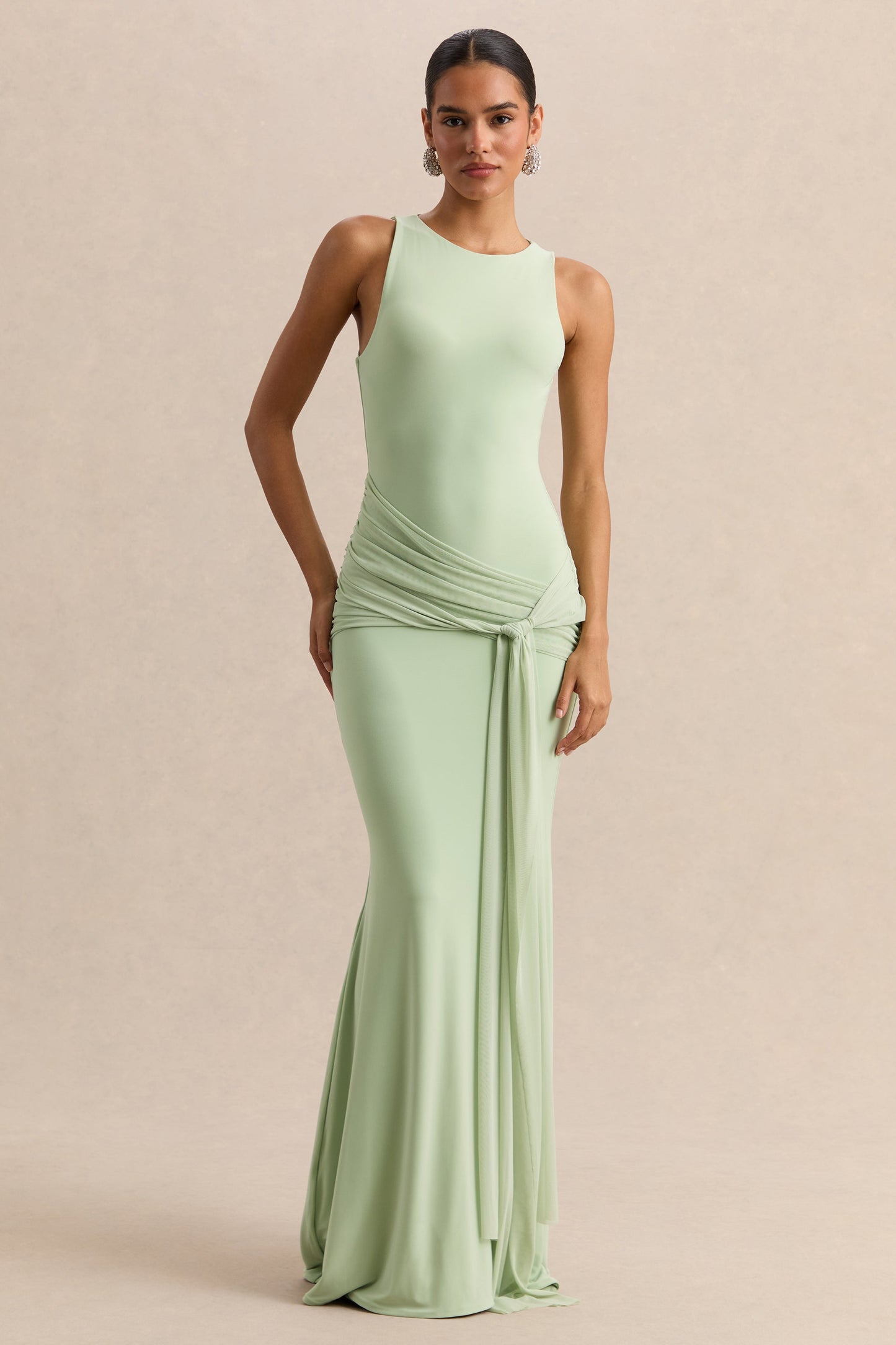 Mirene | Mint Round-Neck Maxi-Dress With Gathered-Detailing And Sash