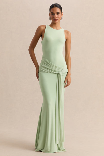 Mirene | Mint Round-Neck Maxi-Dress With Gathered-Detailing And Sash