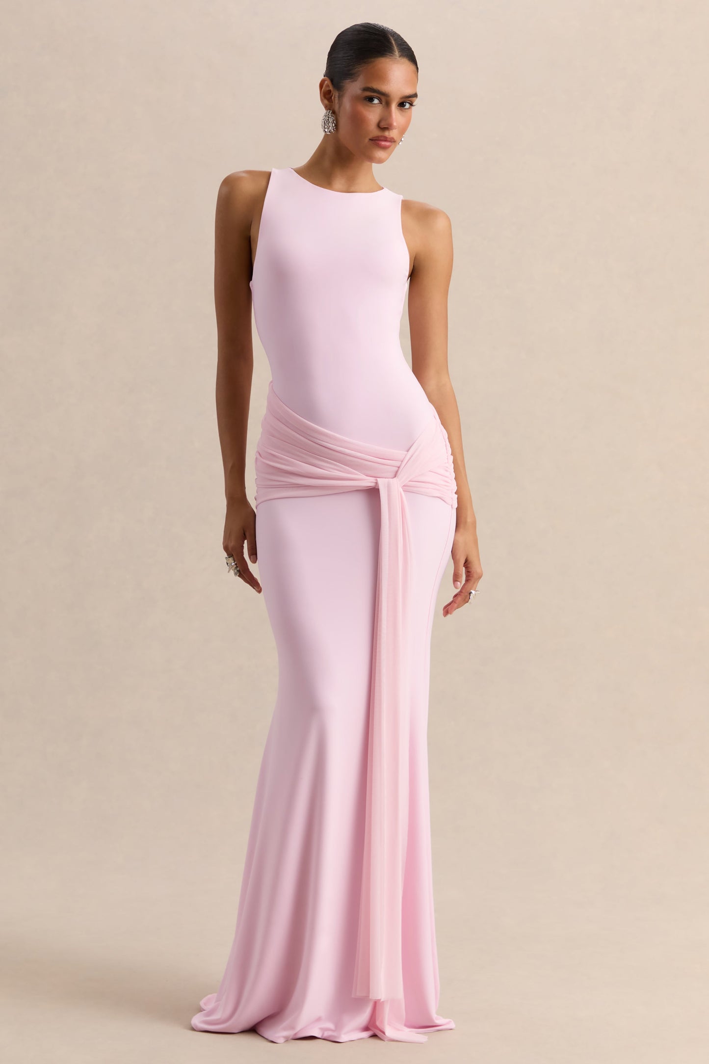 Mirene | Light Pink Round-Neck Maxi-Dress With Gathered-Detailing And Sash