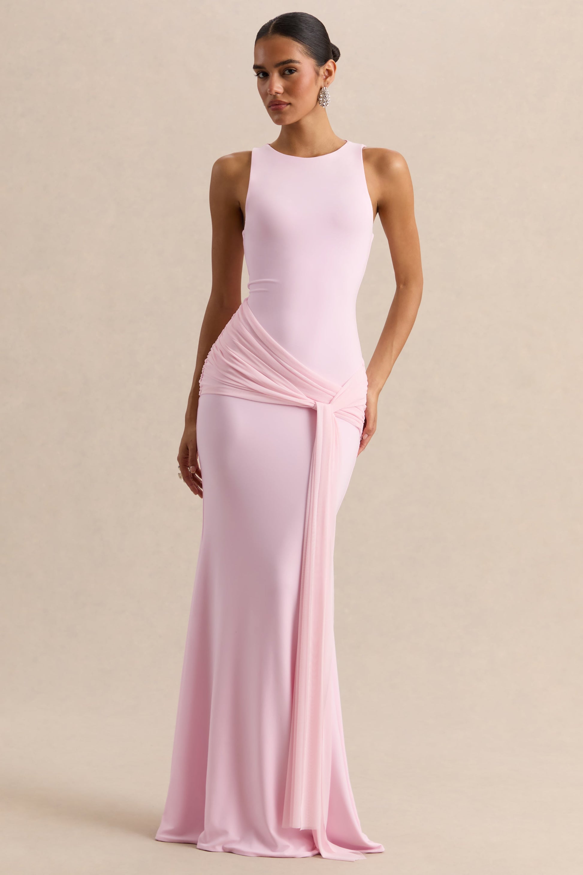 Mirene | Light Pink Round-Neck Maxi-Dress With Gathered-Detailing And Sash