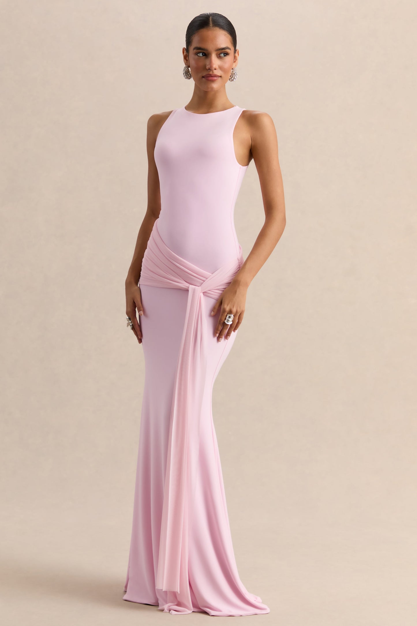 Mirene | Light Pink Round-Neck Maxi-Dress With Gathered-Detailing And Sash