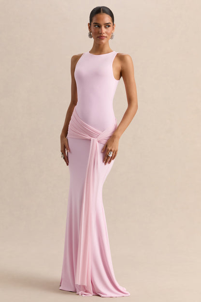 Mirene | Light Pink Round-Neck Maxi-Dress With Gathered-Detailing And Sash