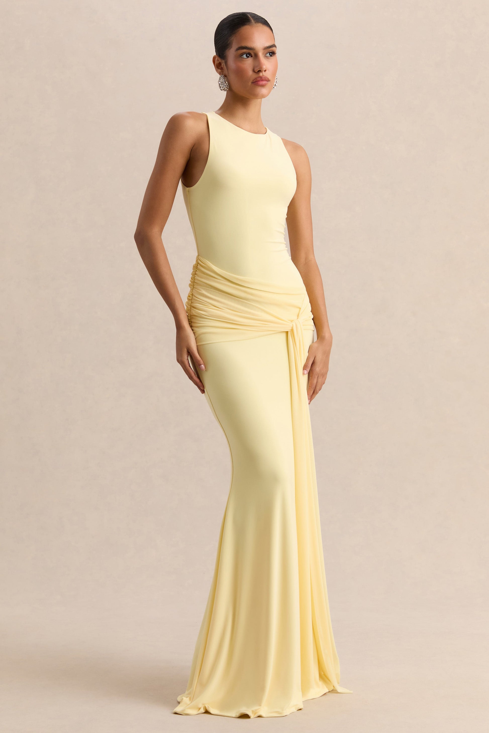 Mirene | Lemon Round-Neck Maxi-Dress With Gathered-Detailing And Sash