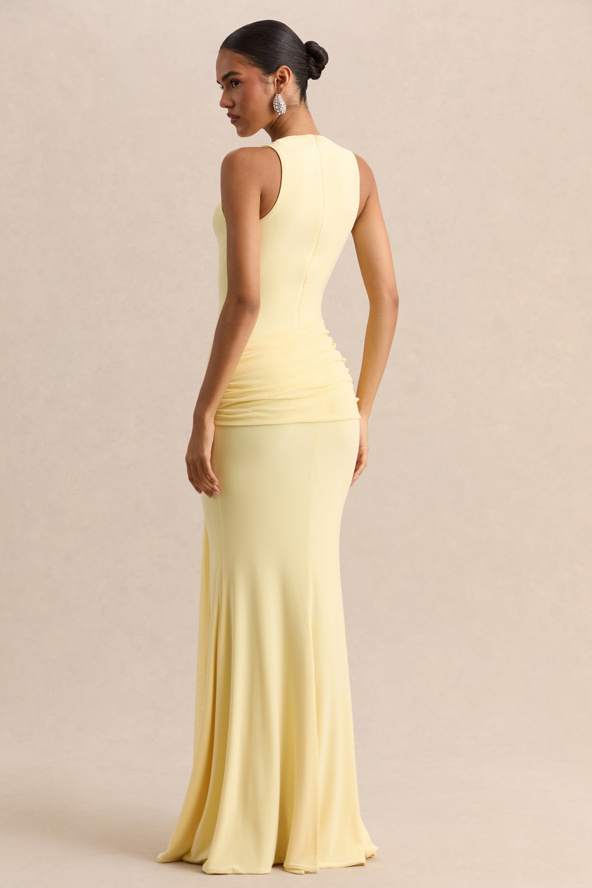 Mirene | Lemon Round-Neck Maxi-Dress With Gathered-Detailing And Sash