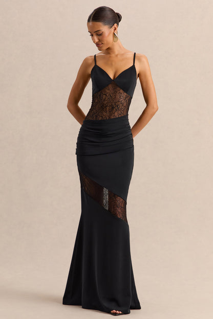 Belvair | Black Satin And Lace Maxi Dress With Draped-Detail
