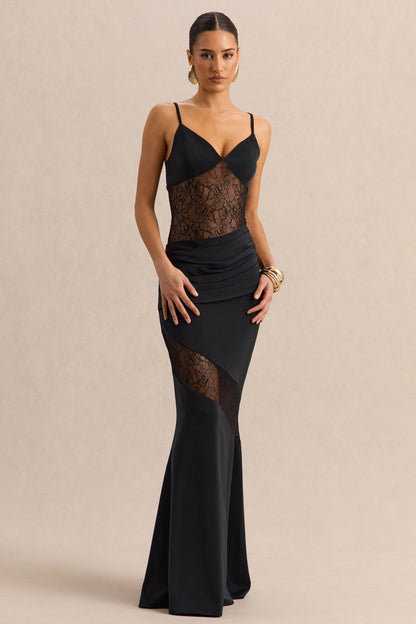 Belvair | Black Satin And Lace Maxi Dress With Draped-Detail