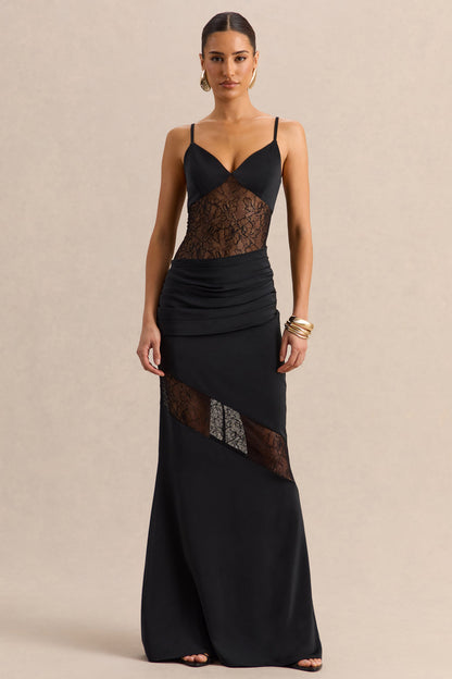 Belvair | Black Satin And Lace Maxi Dress With Draped-Detail