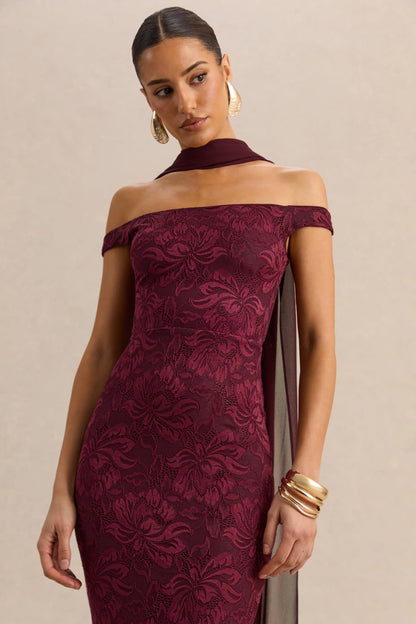 Iselle | Burgundy Lace Bardot-Neck Maxi Dress With Scarf-Detail