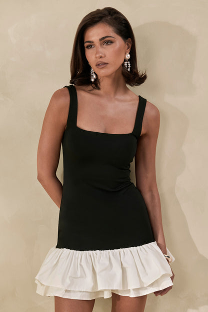 Isaline | Black & White Square-Neck Ruffled Mini Dress